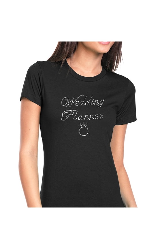 Womens T-Shirt Rhinestone Bling Black Tee Wedding Planner Ring Crew Neck Medium