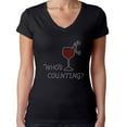 thumbnail image 1 of Womens T-Shirt Rhinestone Bling Black Tee Who's Counting Glass Red Wine V-Neck Large, 1 of 2