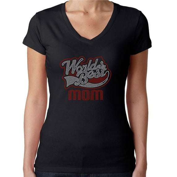 Womens T-Shirt Rhinestone Bling Black Tee World's Best Mom Red Sparkle V-Neck XX-Large