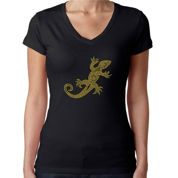 Womens T-Shirt Rhinestone Bling Black Tee Yellow Lizard V-Neck XX-Large