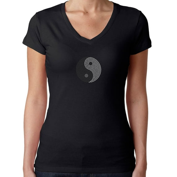 Womens T-Shirt Rhinestone Bling Black Tee Ying Yang Black White Sparkle V-Neck Large