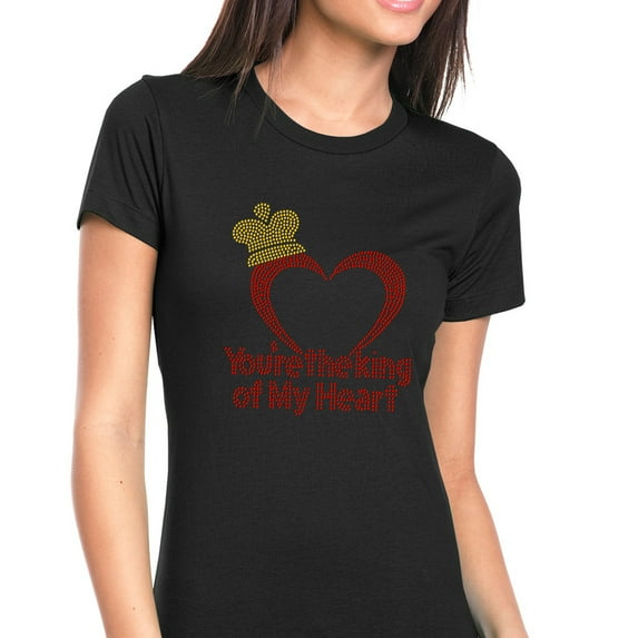 Womens T-Shirt Rhinestone Bling Black Tee You are the King my Heart Love Crew Neck Large
