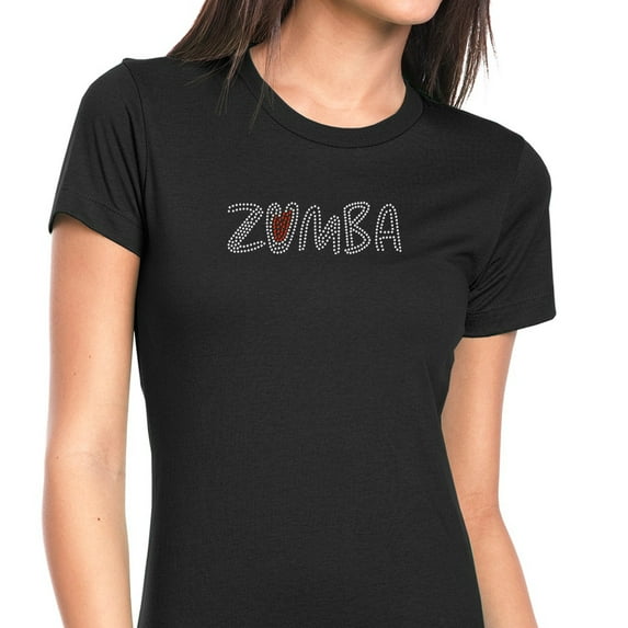 Womens T-Shirt Rhinestone Bling Black Tee Zumba Dance Red Heart Fitness Crew Neck Large
