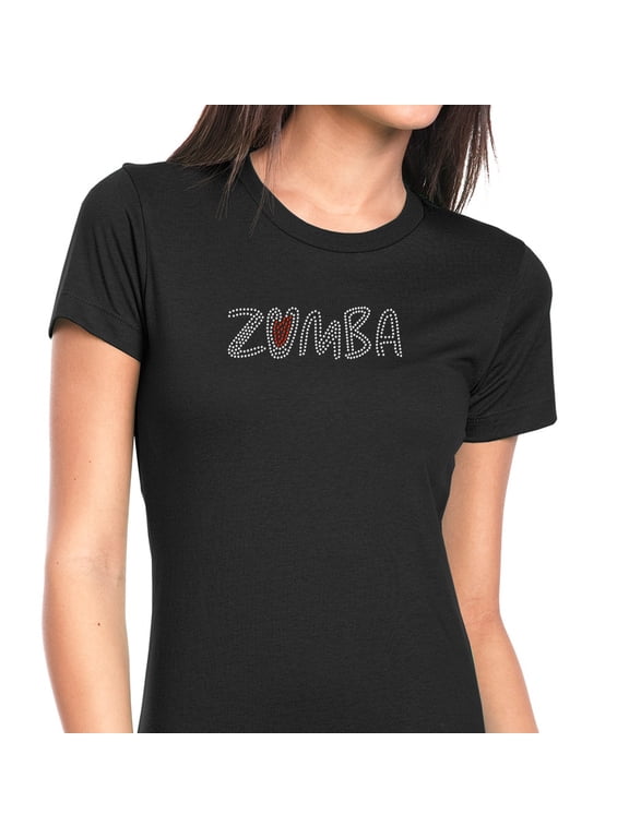 Womens T-Shirt Rhinestone Bling Black Tee Zumba Dance Red Heart Fitness Crew Neck XX-Large