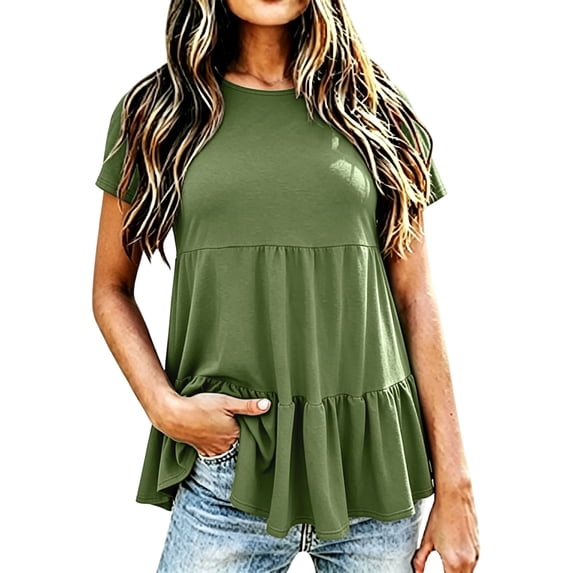 Womens T Shirt Ruched Loose Short Sleeve Crew Neck Solid Print Top Daily Wear Women's Graphic Tees L