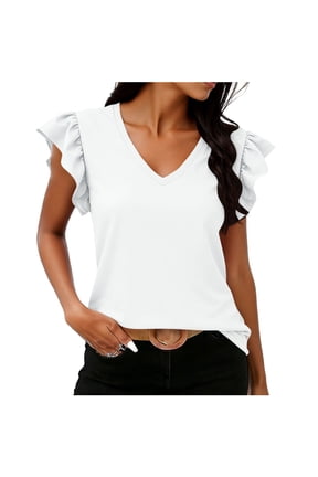 Womens T-Shirt Ruffled Cap Sleeve V Neck Tops Beach Vacation Basic Tees Casual Fashion Clothes