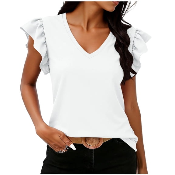 Womens T-Shirt Ruffled Cap Sleeve V Neck Tops Beach Vacation Basic Tees Casual Fashion Clothes