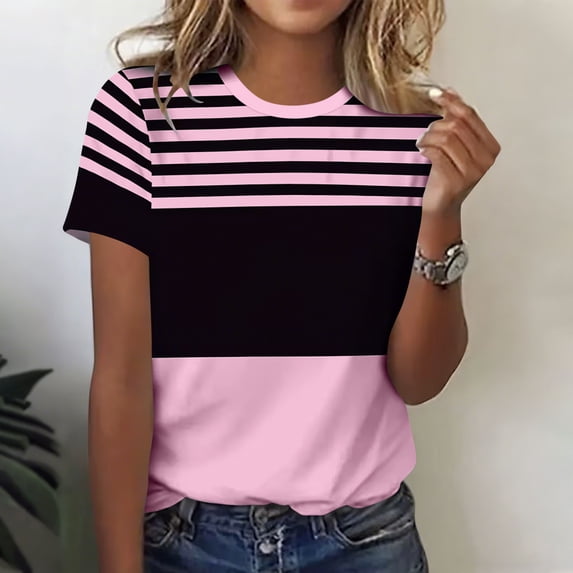 Womens T Shirt Short Sleeve Crew Neck Basic Color Block Tee Tops Spring Summer Tops Trendy Business Causal Outfits Work Blouses