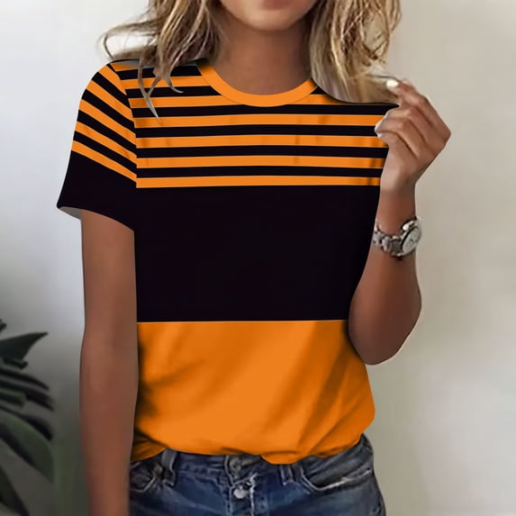 Womens T Shirt Short Sleeve Crew Neck Basic Color Block Tee Tops Spring Summer Tops Trendy Business Causal Outfits Work Blouses