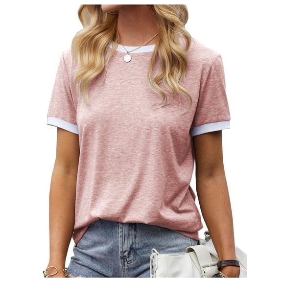 Womens T Shirt Short Sleeve Crew Neck Basic Color Block Tee Tops