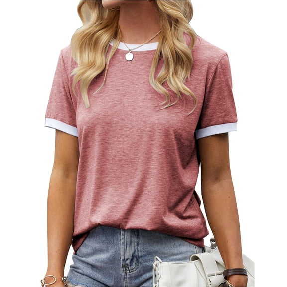 Womens T Shirt Short Sleeve Crew Neck Basic Color Block Tee Tops