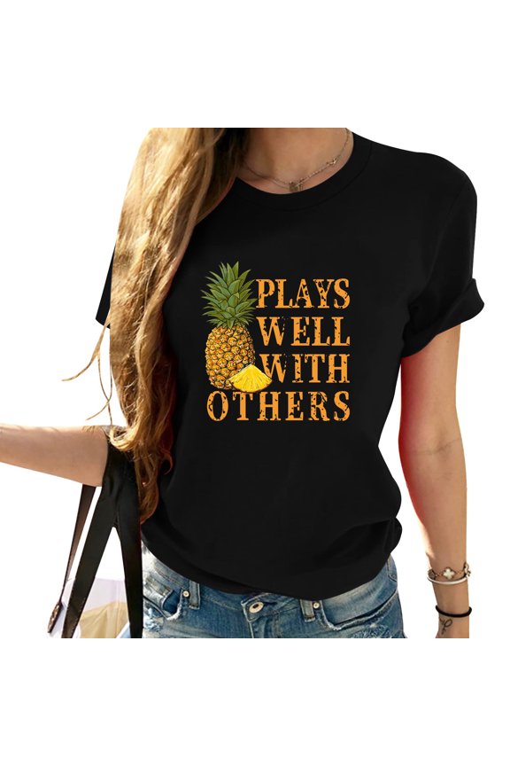 Womens T Shirt Short Sleeve Plays Well With Others Round Neck Tee Tops Black X-Large