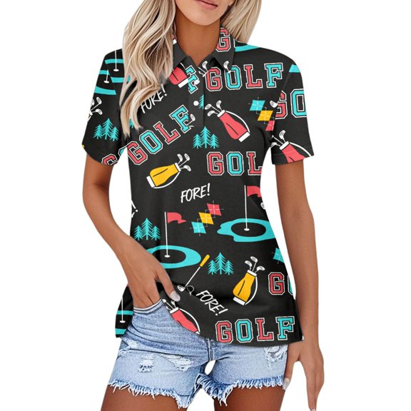 Womens T Shirt Short Sleeve Print Relaxed Collar Beach Vacation Essentials,Black,M