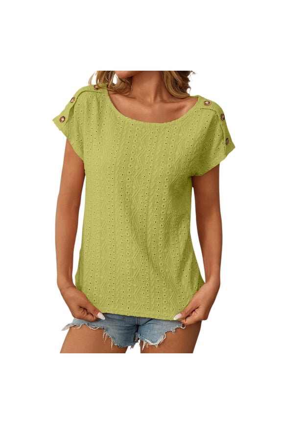 Womens T Shirt Solid Color Jacquard Hollow Short Sleeved Beach Vacation Clothes for Women,Yellow,2XL