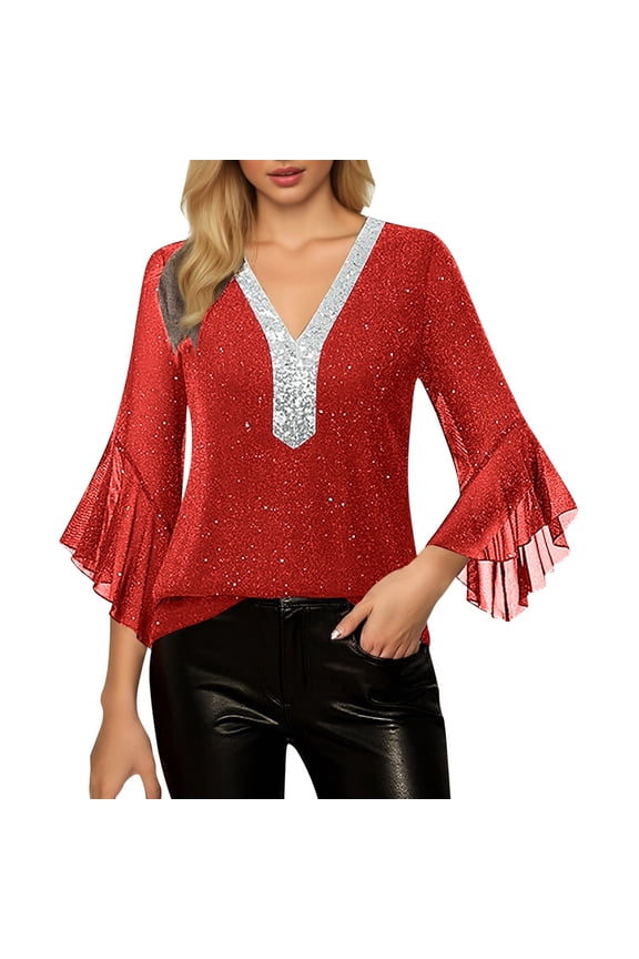 Womens T Shirt Solid Color Mesh Silver Gold Sequins 3/4 Sleeve V Neck Y2K Tops,Red,L