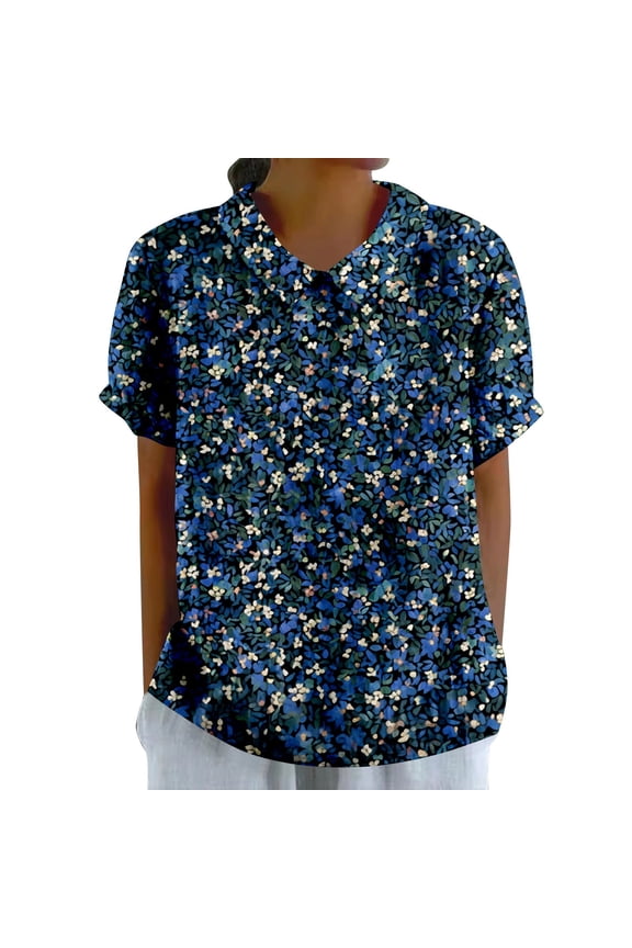 Womens T Shirt Summer Elegant Floral Print LooseClassic Collar Retro Casual Slim Fit Layer Clothes Multicolour L