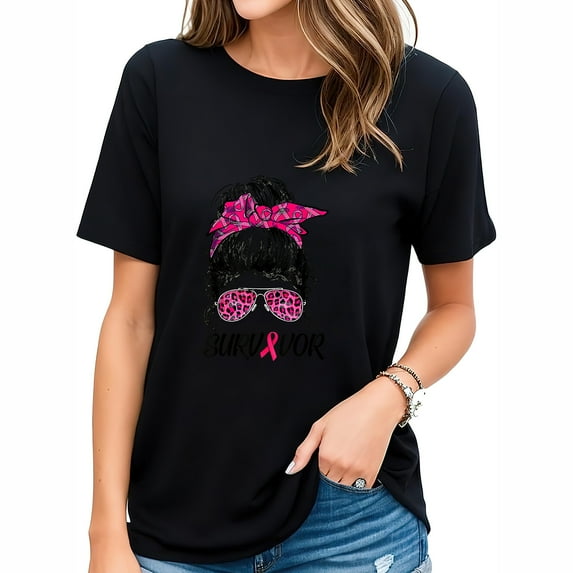 Womens T Shirt Survivor Breast Cancer Awareness Messy Bun Pink Ribbon Shirts Black 2X-Large
