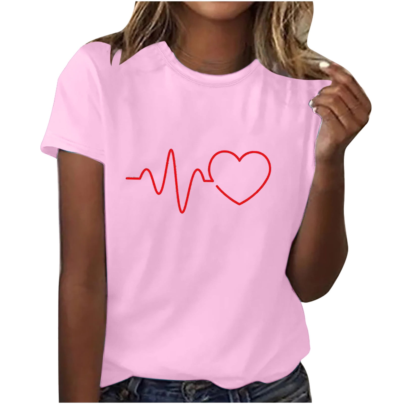 Womens T Shirt Tops Heartbeat Pattern Shirts Cute Girls Short Sleeves Daily Casual Tees Shirts Blouse Pullover