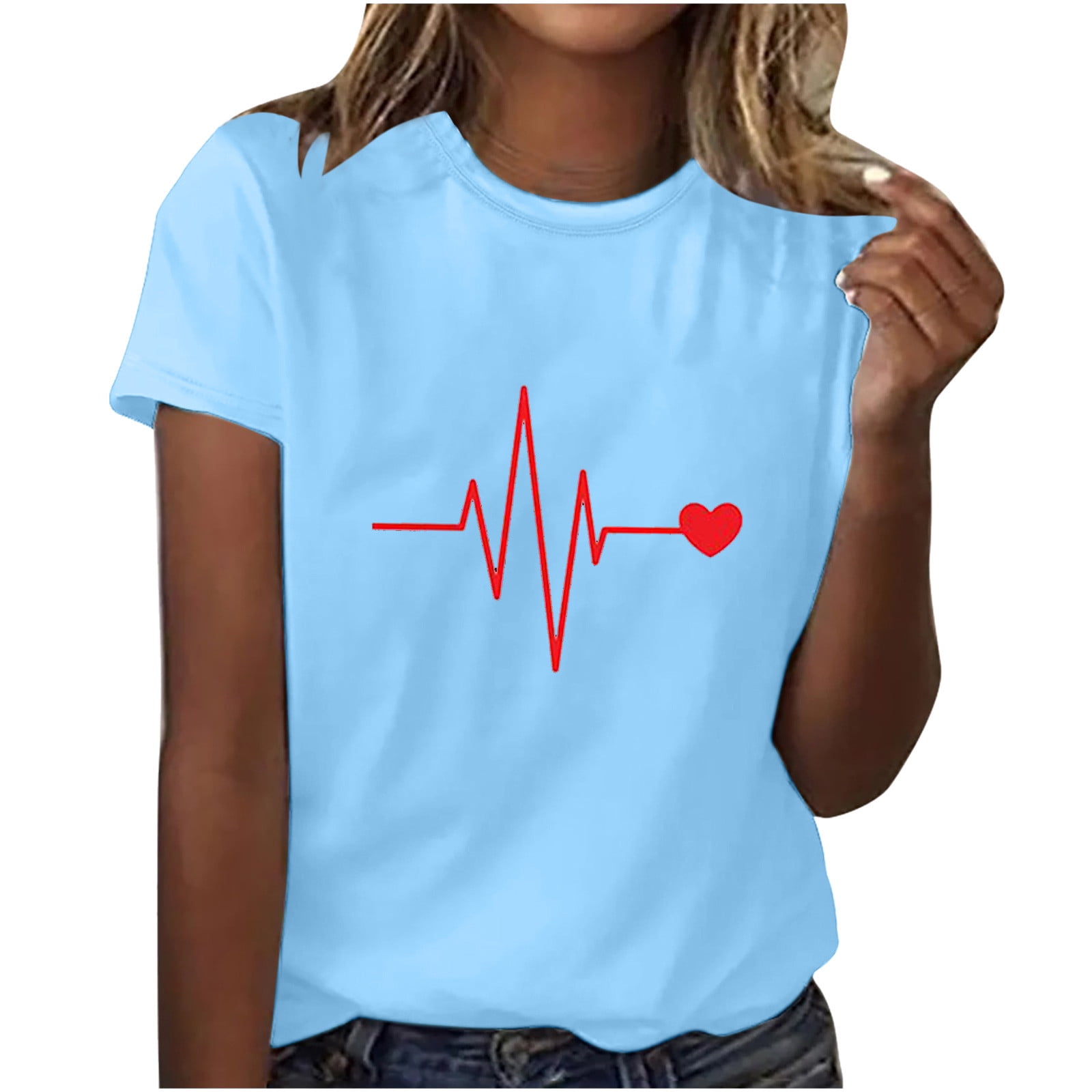Womens T Shirt Tops Heartbeat Pattern Shirts Cute Girls Short Sleeves Daily Casual Tees Shirts Blouse Pullover