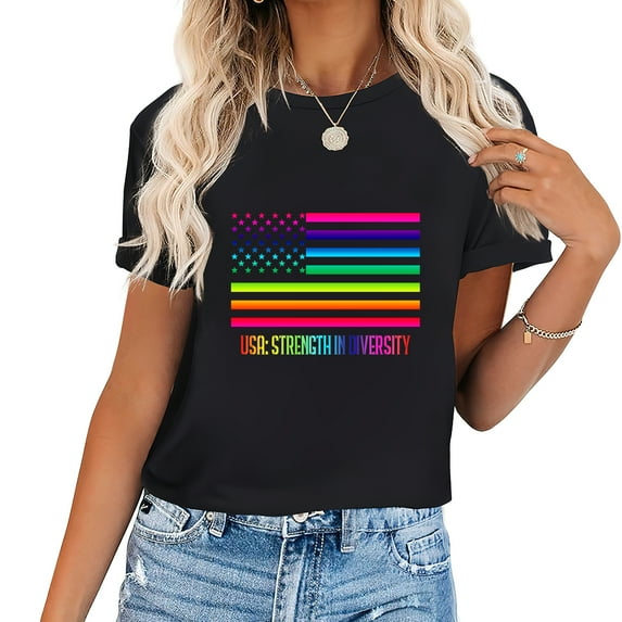 Womens T Shirt USA: STRENGTH IN DIVERSITY US Flag Lover Rainbow Vintage Women's Funny Graphic Tee Perfect Gift for Parties and Birthdays Black