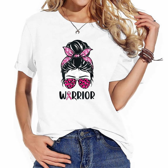 Womens T Shirt Warrior Breast Cancer Awareness Pink Ribbons Messy Bun Shirts Black 2X-Large