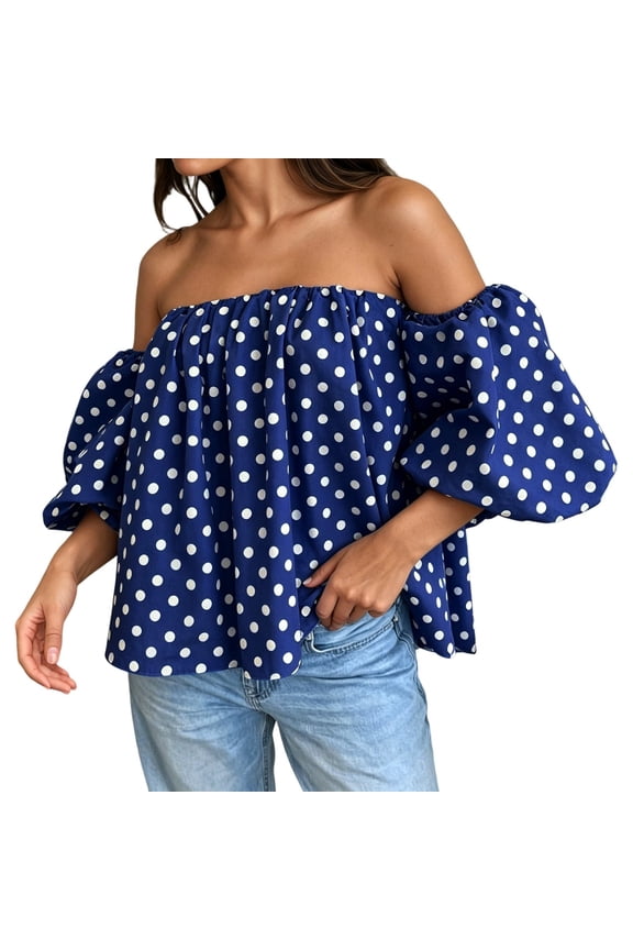 Womens T Shirt Wave Dot One Shoulder Bubble Sleeve Beach Vacation Essentials,Dark Blue,M