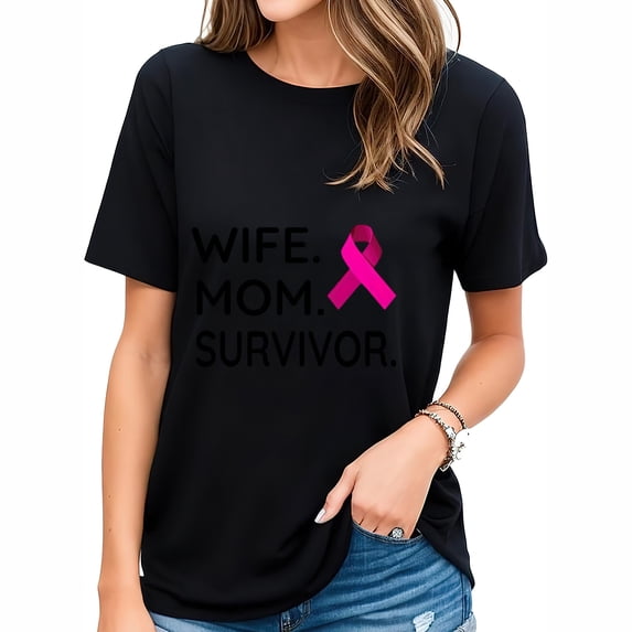 Womens T Shirt Wife Mom Survivor Breast Cancer Awareness Shirts Black 2X-Large