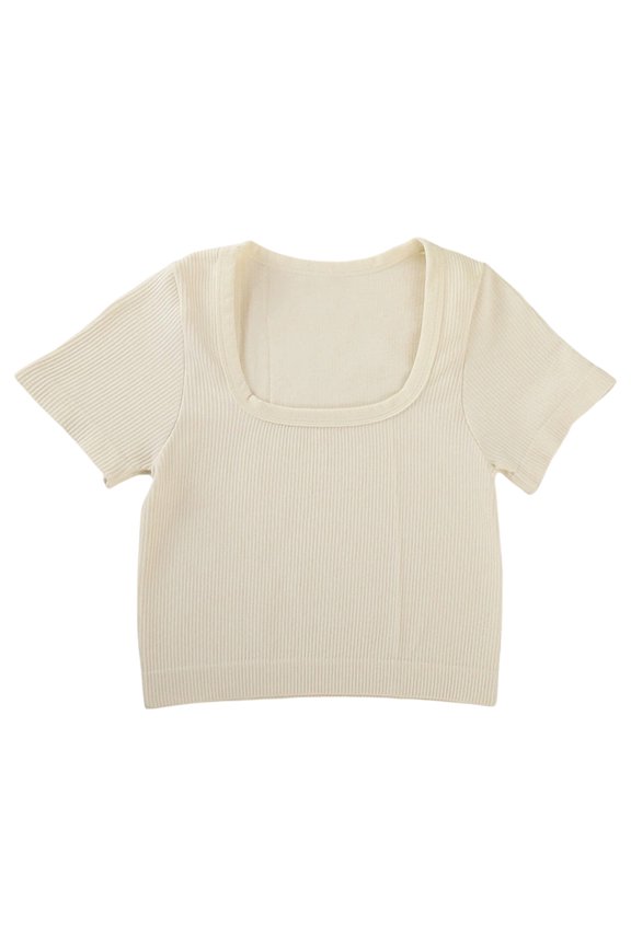 Womens T Shirt Women's Solid Color Wide Neckline Short Sleeved Ribbed Bodysuit Top Suitable for Yoga Sports Square Collar Beige S