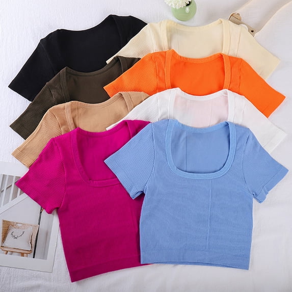 Womens T Shirt Women's Wide Neckline Short Sleeve Ribbed Bodysuit Top for Yoga Sports Orange M