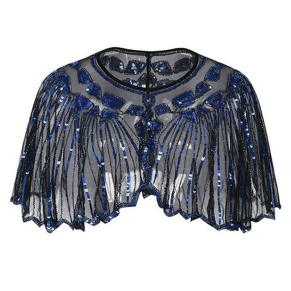 Womens T Shirts 1920S Shawl Beaded Sequin Deco Evening Cape Bolero Flapper Cover Up Blue Lightweight Dressy Blouse Shirts One Size