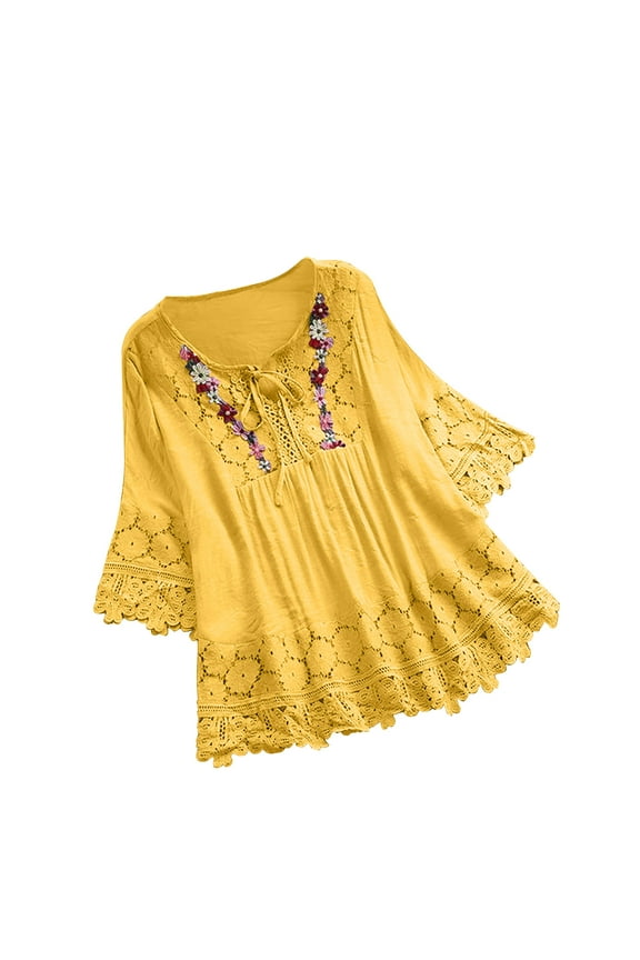 Womens T Shirts 2025 Short Sleeve Shirts Cute Fit Summer Casual Tee Tops Vintage Lace Patchwork Bow V-Neck Three Quarter Blouses T-Shirt S-5XL