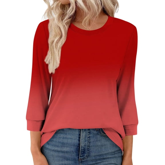 Womens T Shirts 3/4 Length Sleeve Dressy Casual Blouses Crew Neck Color Block Going Out Tops Fall Spring Clothes, Red M