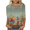 thumbnail image 1 of Womens T Shirts 3/4 Length Sleeve Floral Print Long Sleeve Tops Criss Cross V Neck Casual Summer Fall Tees (4XL, Green), 1 of 5