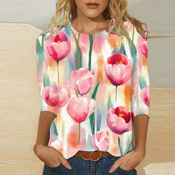 Womens T Shirts 3/4 Sleeve Boho Womens Shirts Summer Tee Womens Tops Dressy Casual Printed T Shirts for Women Graphic