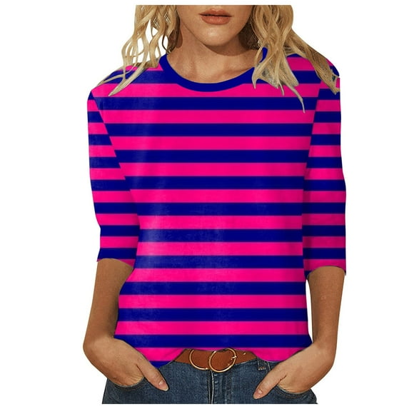 Womens T Shirts 3/4 Sleeve Stripes Shirts Casual Crew Neck Tunic Summer Tops for Women Purple M