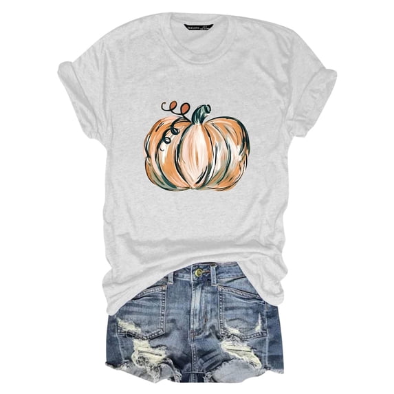 Womens T Shirts Blouses Autumn Loose Pumpkin Printed Short Sleeve Round Neck Womens Halloween Clothes,White,XL