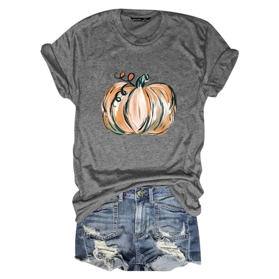 Womens T Shirts Blouses Autumn Loose Pumpkin Printed Short Sleeve Round Neck Womens T Shirts,Grey,2XL