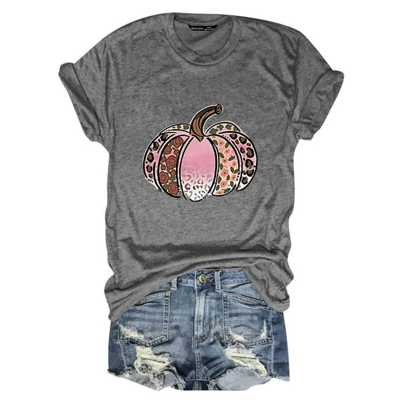 Womens T Shirts Blouses Autumn Loose Pumpkin Printed Short Sleeve Round Neck Womens T Shirts,Grey,2XL