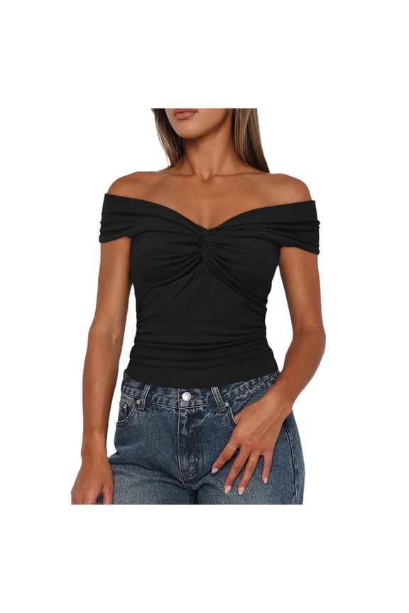 Womens T Shirts Blouses Knot Front Off The Shoulder Cap Sleeve Slim Fitted Womens Tee
