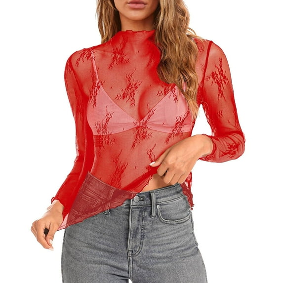 Womens T Shirts Blouses Long Sleeve Layering Mock Neck Floral Embroidery Sheer See Through Womens Athletic Tops,Red,L