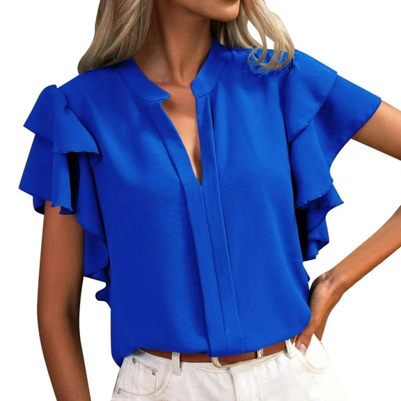 Womens T Shirts Blouses New V Neck Double Layer Ruffle Sleeve Solid Color Ladies Clothing