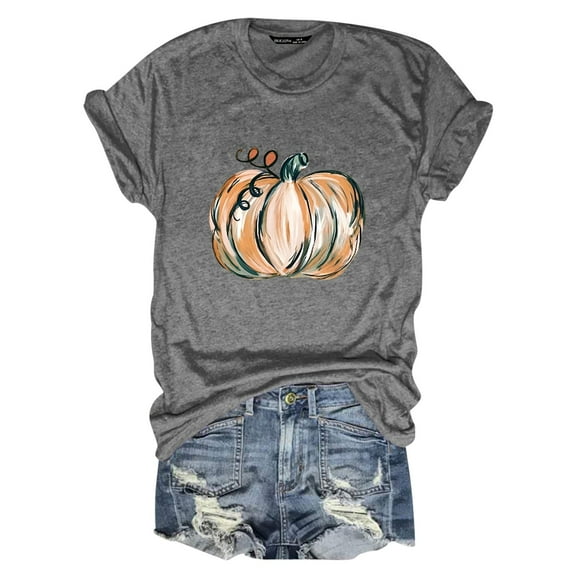 Womens T Shirts Blouses Plus Size Pumpkin Printed Short Sleeve Round Neck Womens Tee,Grey,3XL