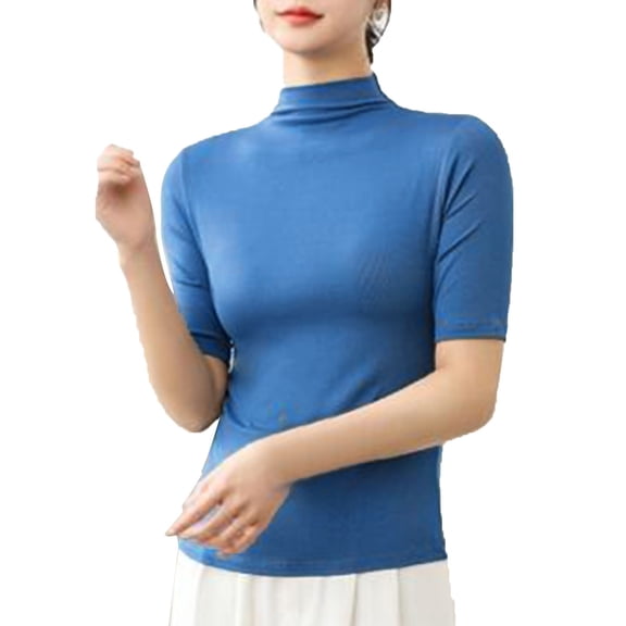 Womens T Shirts Blouses Semi Turtleneck Thermal Slim Fit Short Sleeve Stretch Womens Athletic Tops,Blue,M