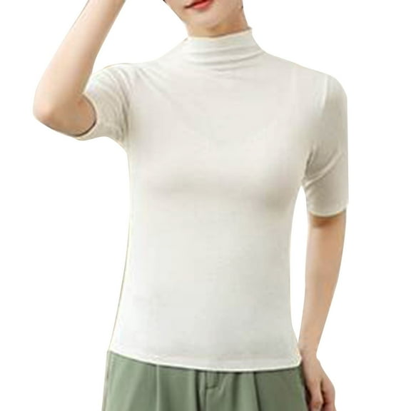 Womens T Shirts Blouses Semi Turtleneck Thermal Slim Fit Short Sleeve Stretch Womens Golf Shirt,White,L