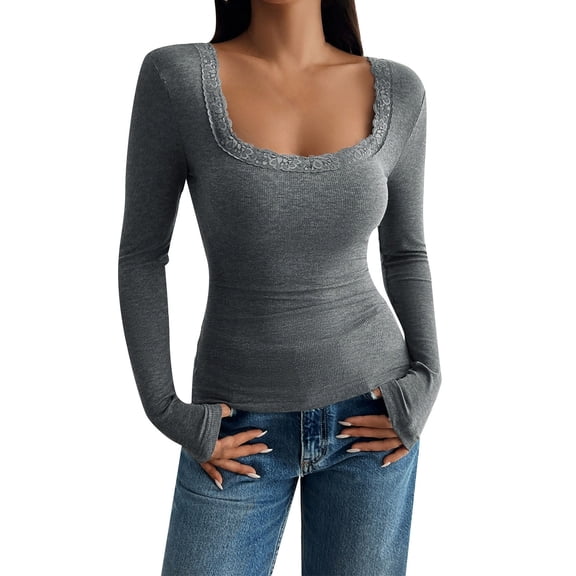Womens T Shirts Blouses Square Neck Lace Trim Cropped Slim Fit Low Cut Long Sleeve Lace Patchwork Womens Athletic Tops