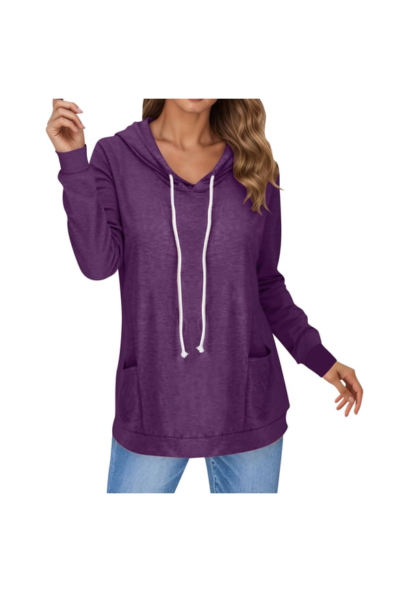Womens T Shirts Blouses Solid Color Hooded Long Sleeve Drawstring Pocket Loose Fit Womens Summer Clothes,Dark Purple,L