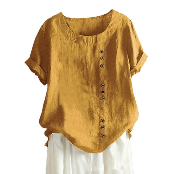 Womens T Shirts Blouses Solid Color Round Neck Raglan Sleeve Slit Loose Short Sleeve Button Plus Size Womens Clothing,YE1,M