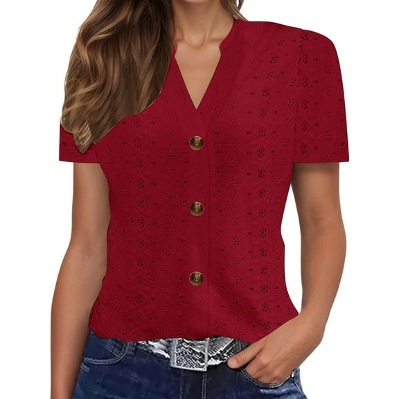 Womens T Shirts Blouses Solid Color V-Neck Button Hollow Print Short Sleeve Ladies Casual Blouse,RD1,M
