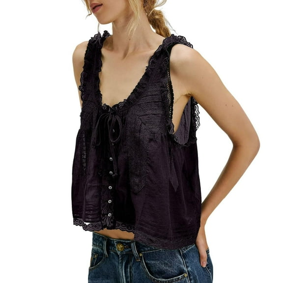 Womens T-Shirts, Boho Casual Floral Sleeveless Sheer Lace Tie Front Embroidery Camisole Button Tank Top Empire Waist For Women Tops 3/4 Sleeve Tops Shirt Tops Blouse (S, Black) ZMTing