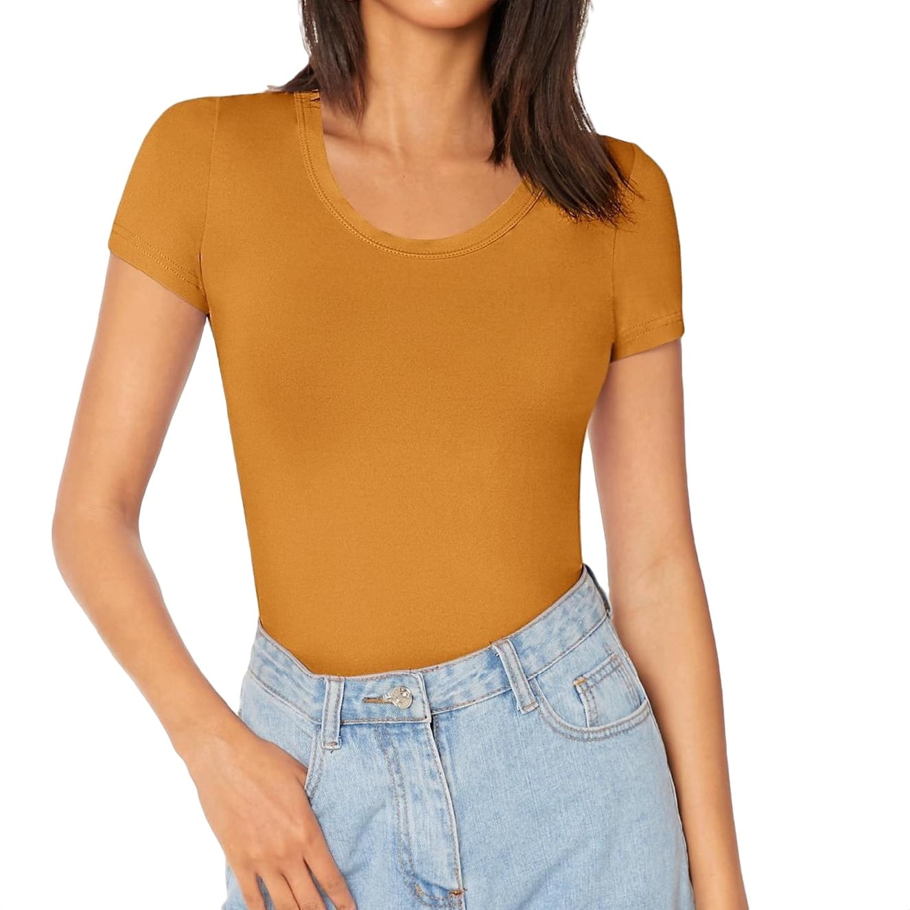 Womens T Shirts Casual Solid Round Neck Tee Mustard Yellow S